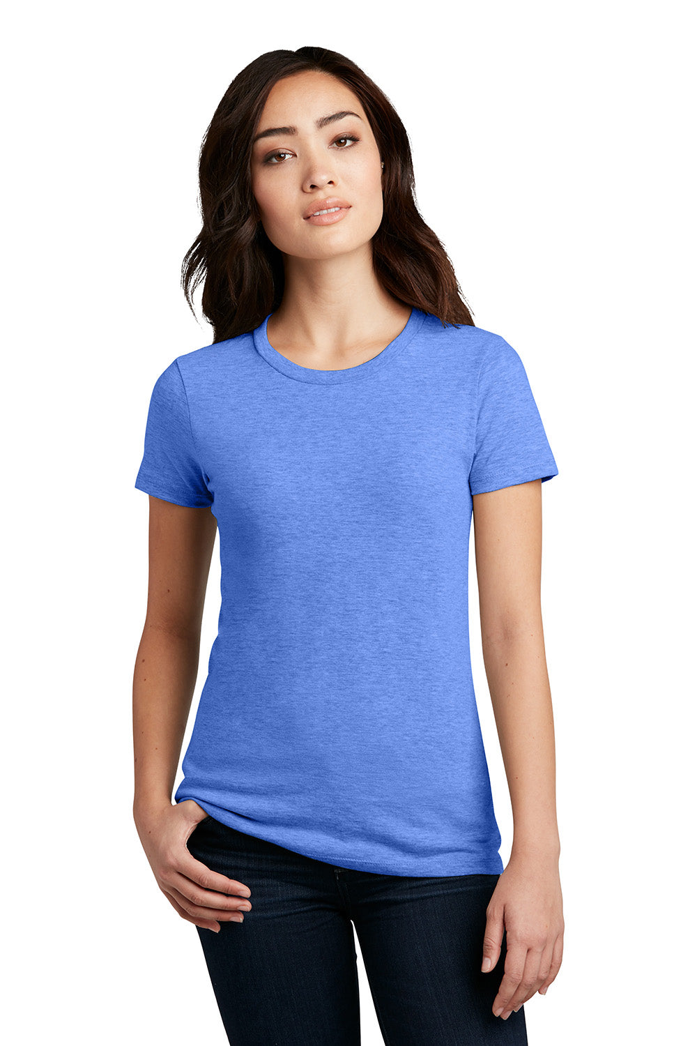 District DM108L Womens Perfect Blend Short Sleeve Crewneck T-Shirt Heather Royal Blue Model Front