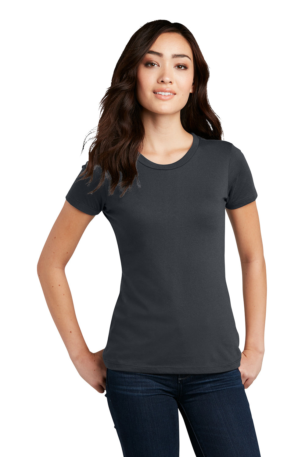 District DM108L Womens Perfect Blend Short Sleeve Crewneck T-Shirt Charcoal Grey Model Front