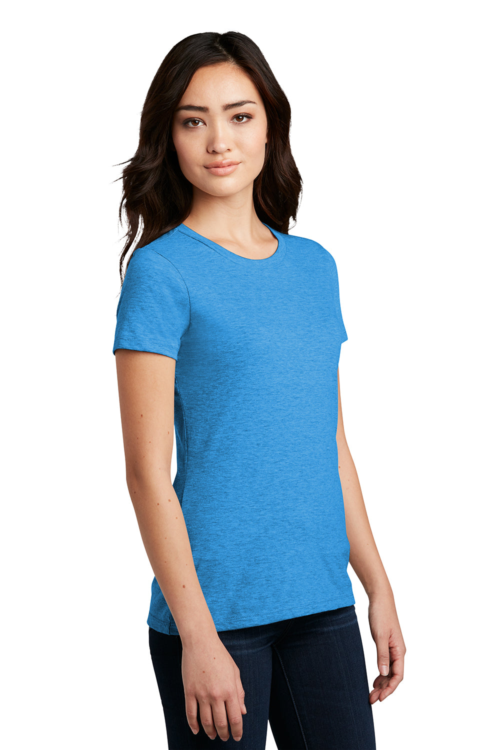 District DM108L Womens Perfect Blend Short Sleeve Crewneck T-Shirt Heather Bright Turquoise Blue Model 3q