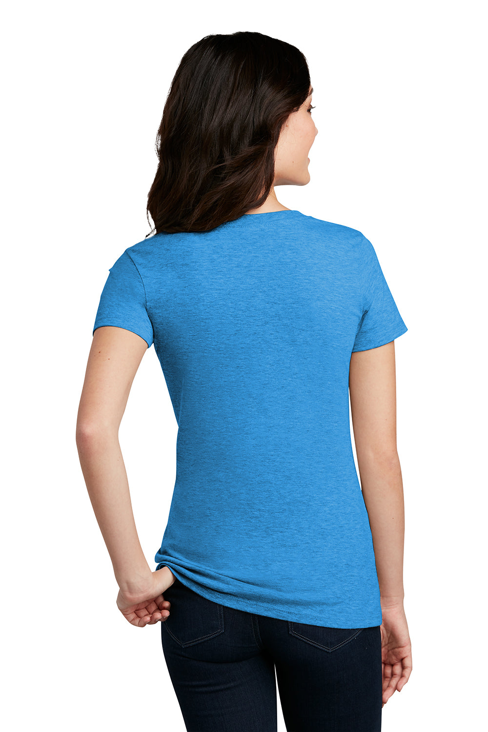 District DM108L Womens Perfect Blend Short Sleeve Crewneck T-Shirt Heather Bright Turquoise Blue Model Back