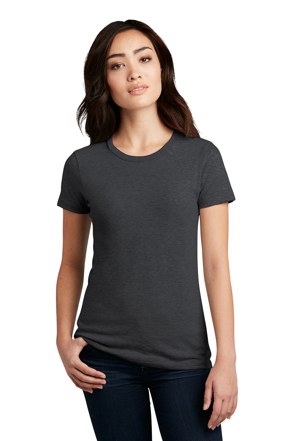 District DM108L Womens Perfect Blend Short Sleeve Crewneck T-Shirt Heather Charcoal Grey Model Front