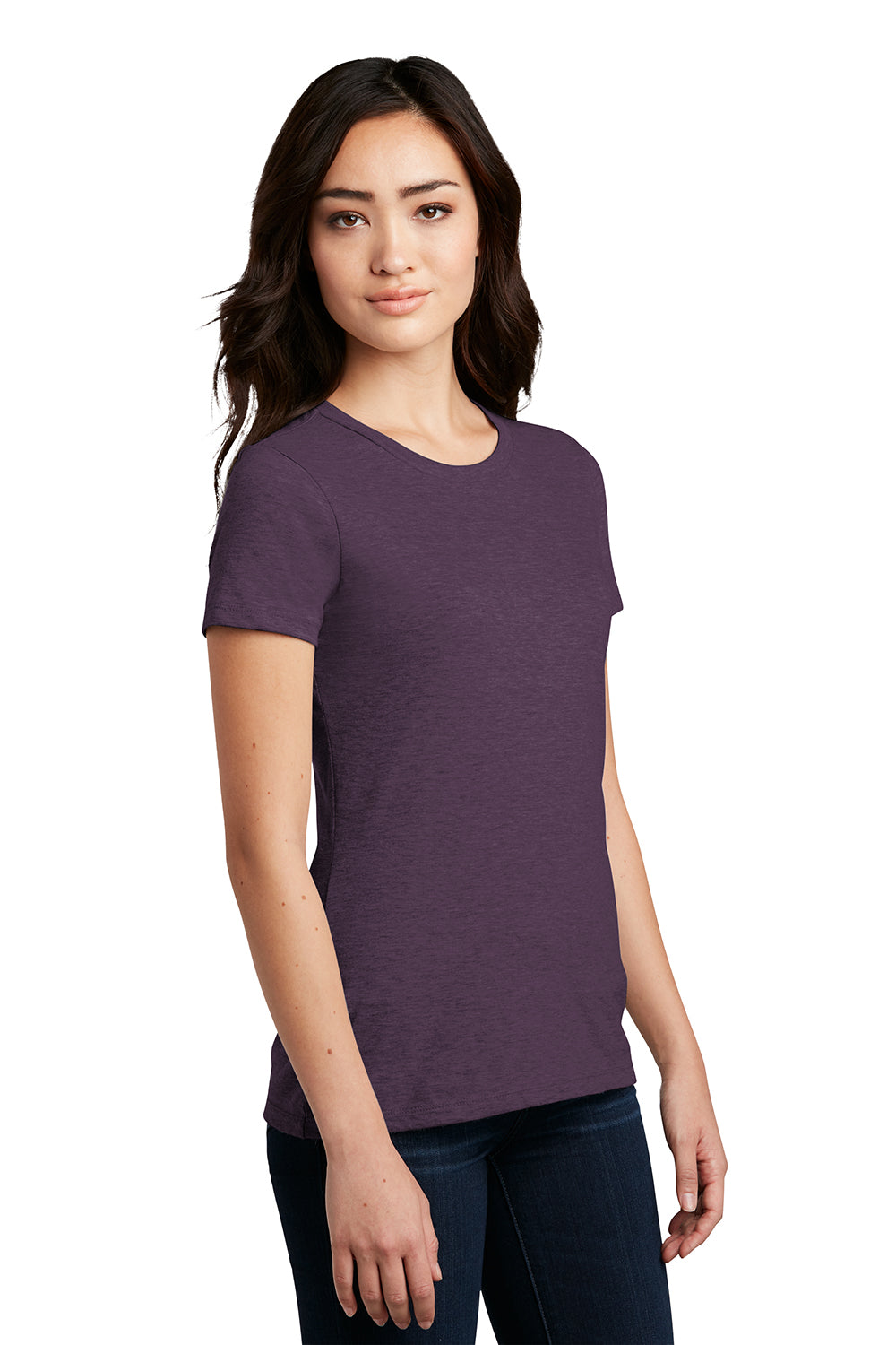 District DM108L Womens Perfect Blend Short Sleeve Crewneck T-Shirt Heather Eggplant Purple Model 3q