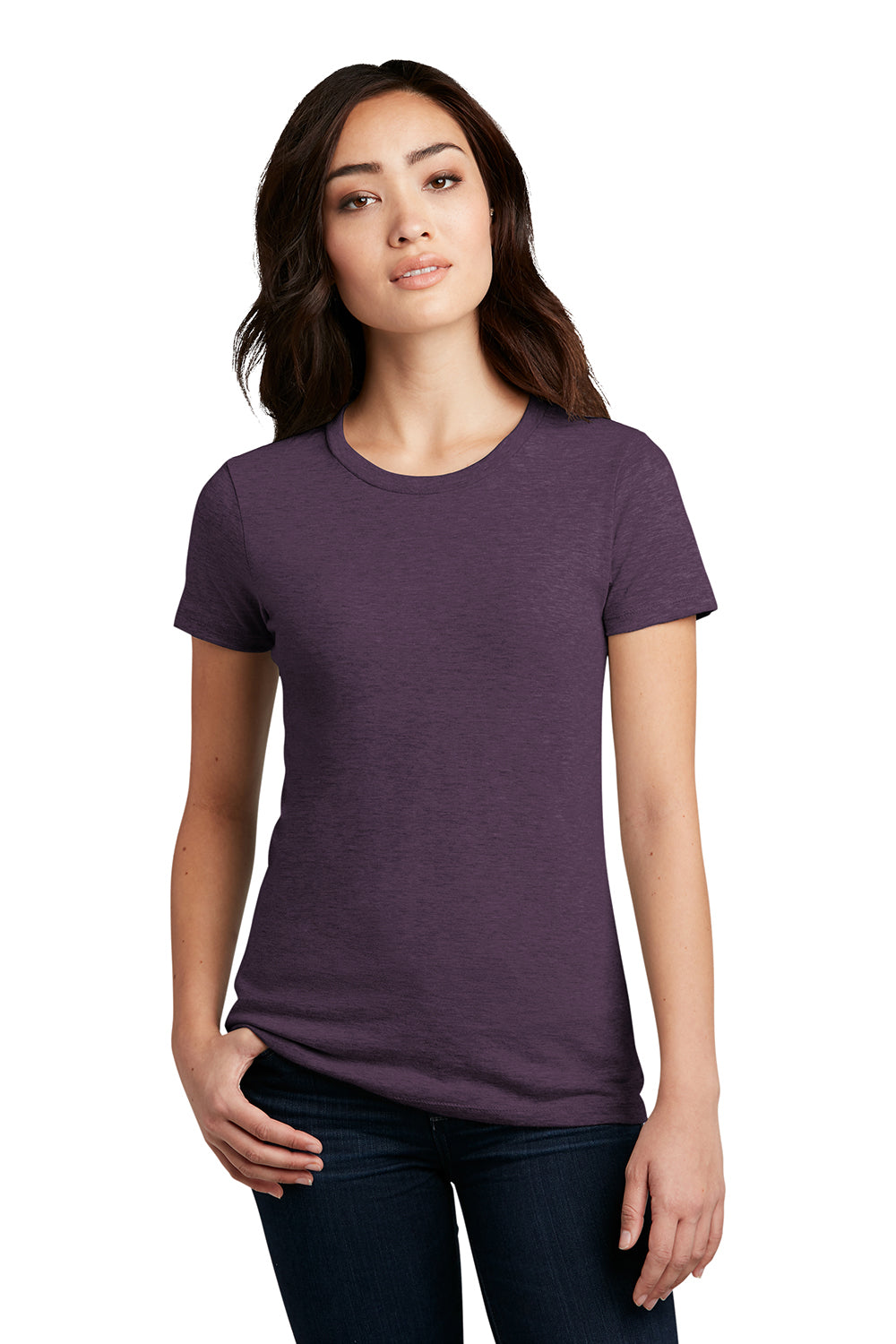 District DM108L Womens Perfect Blend Short Sleeve Crewneck T-Shirt Heather Eggplant Purple Model Front