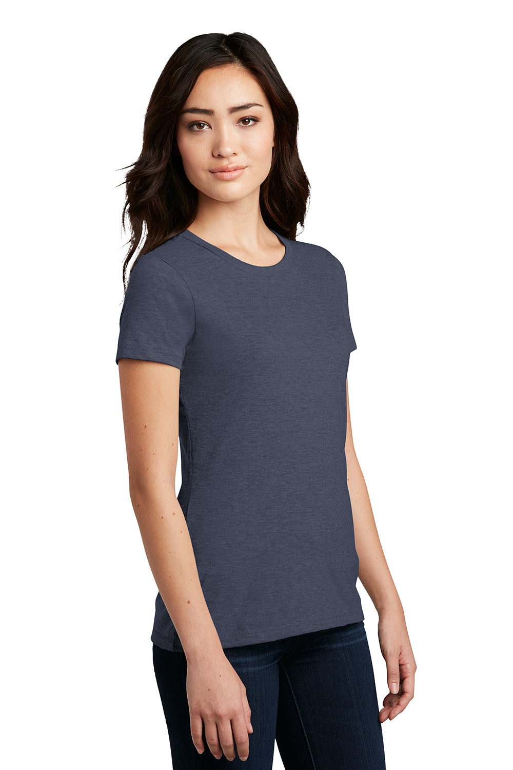 District DM108L Womens Perfect Blend Short Sleeve Crewneck T-Shirt Heather Navy Blue Model 3q