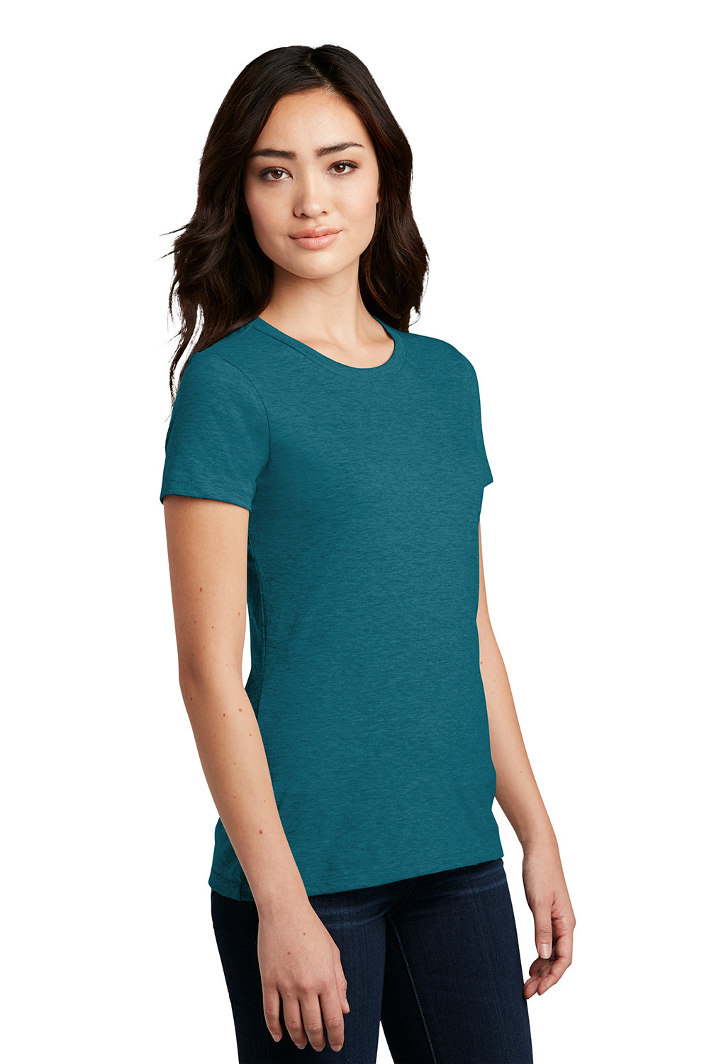 District DM108L Womens Perfect Blend Short Sleeve Crewneck T-Shirt Heather Teal Green Model 3q