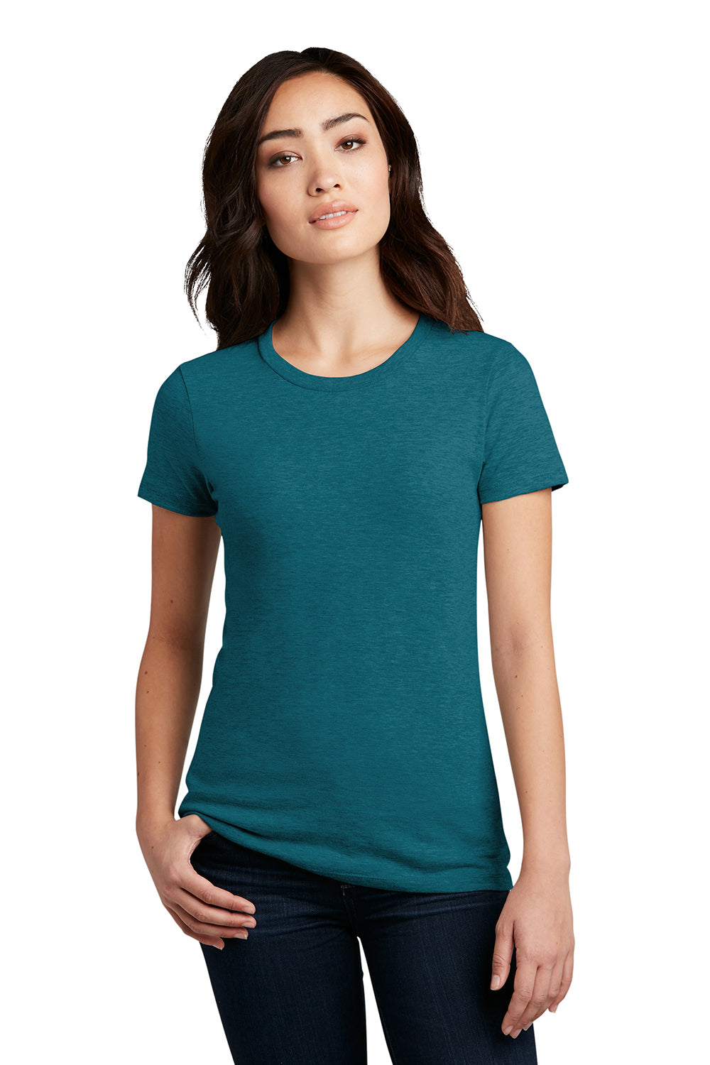 District DM108L Womens Perfect Blend Short Sleeve Crewneck T-Shirt Heather Teal Green Model Front