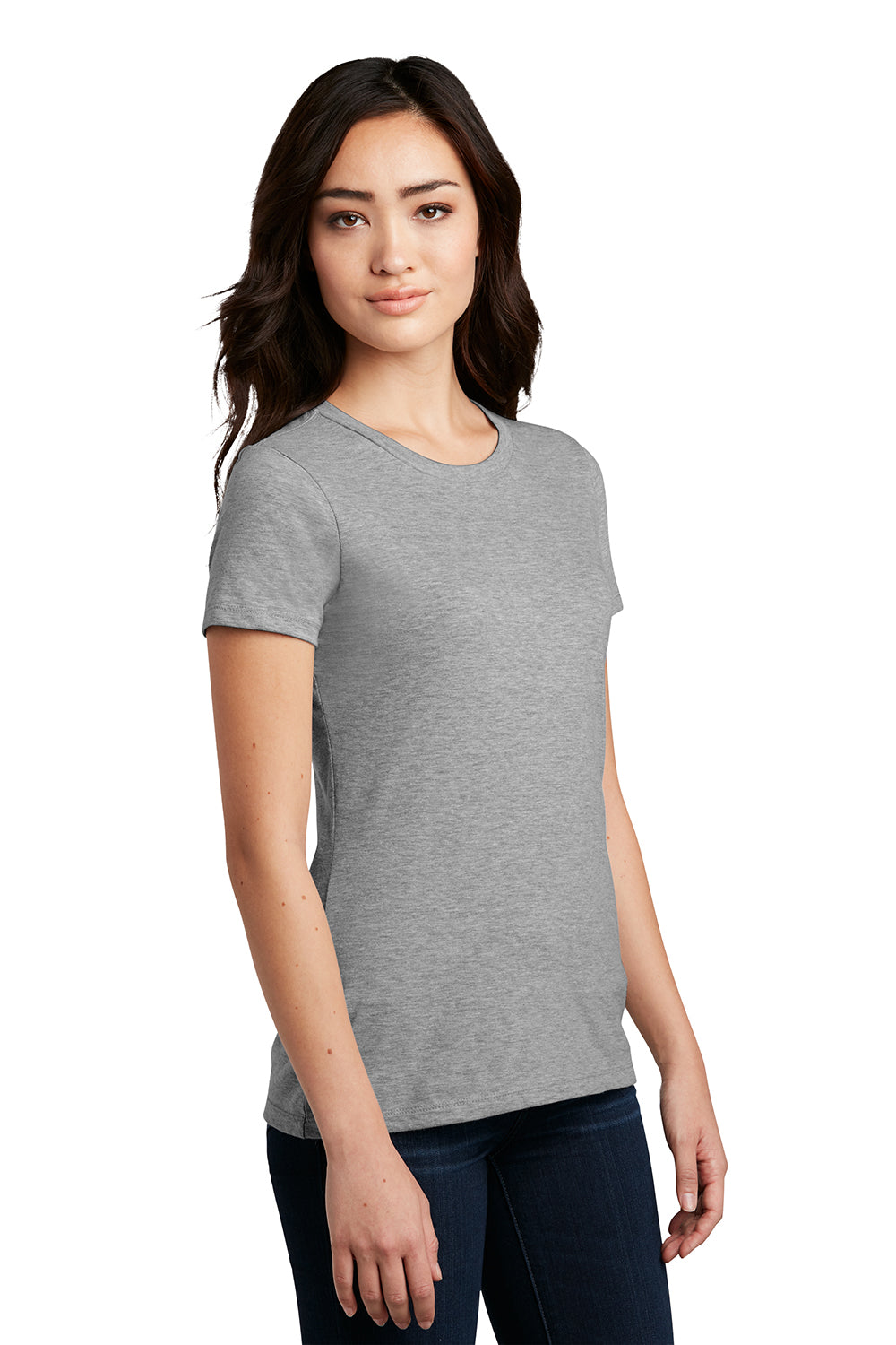 District DM108L Womens Perfect Blend Short Sleeve Crewneck T-Shirt Heather Light Grey Model 3q