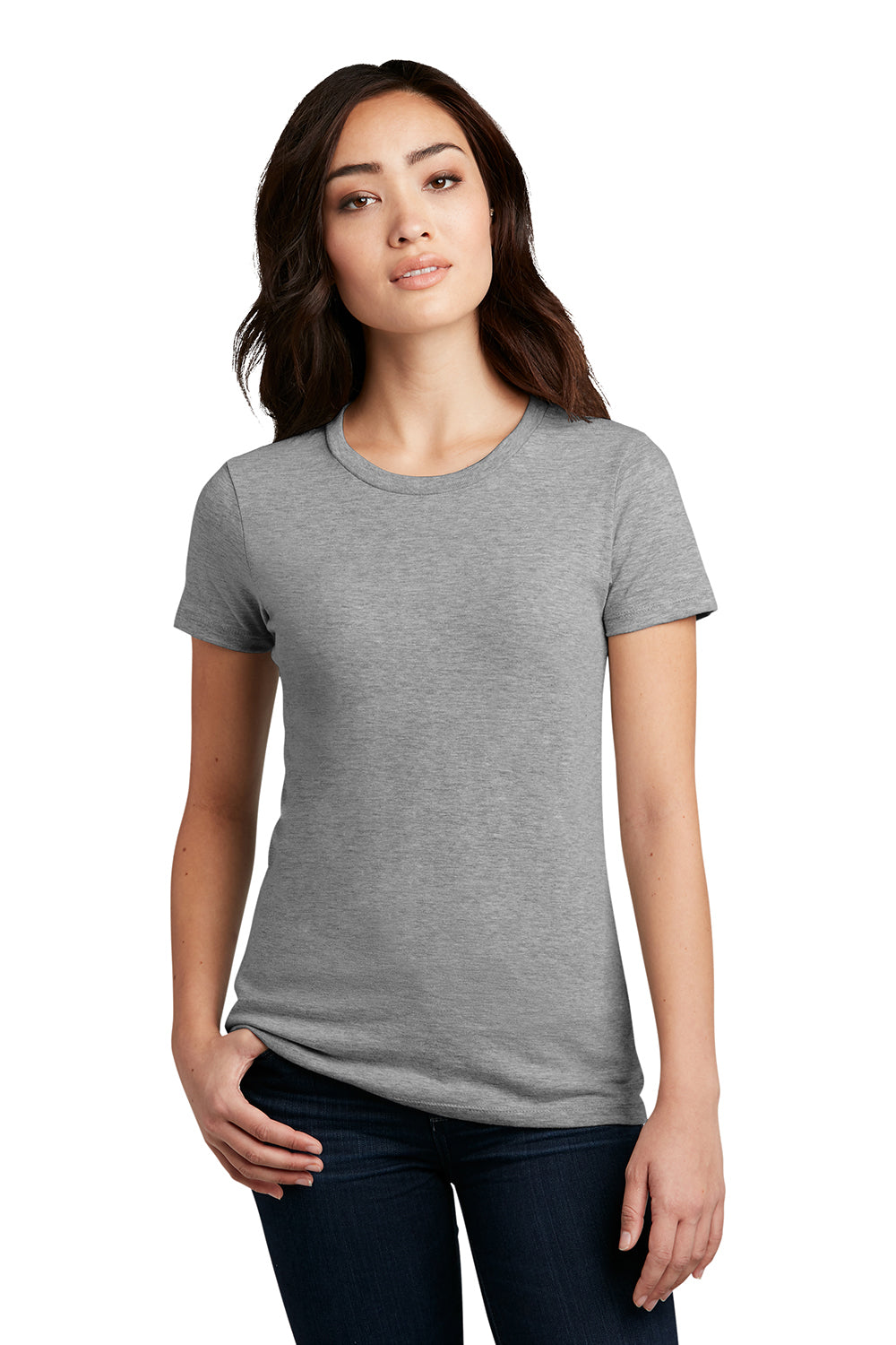 District DM108L Womens Perfect Blend Short Sleeve Crewneck T-Shirt Heather Light Grey Model Front