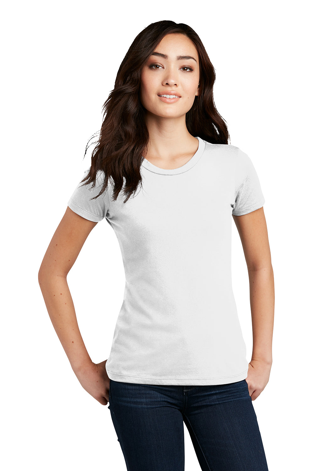 District DM108L Womens Perfect Blend Short Sleeve Crewneck T-Shirt White Model Front