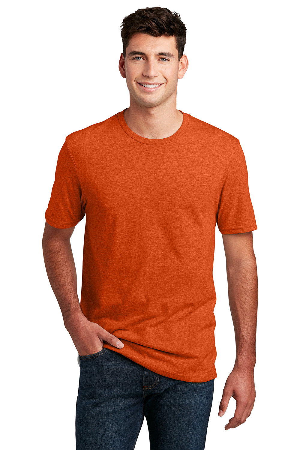 District DM108 Mens Perfect Blend Short Sleeve Crewneck T-Shirt Heather Deep Orange Model Front