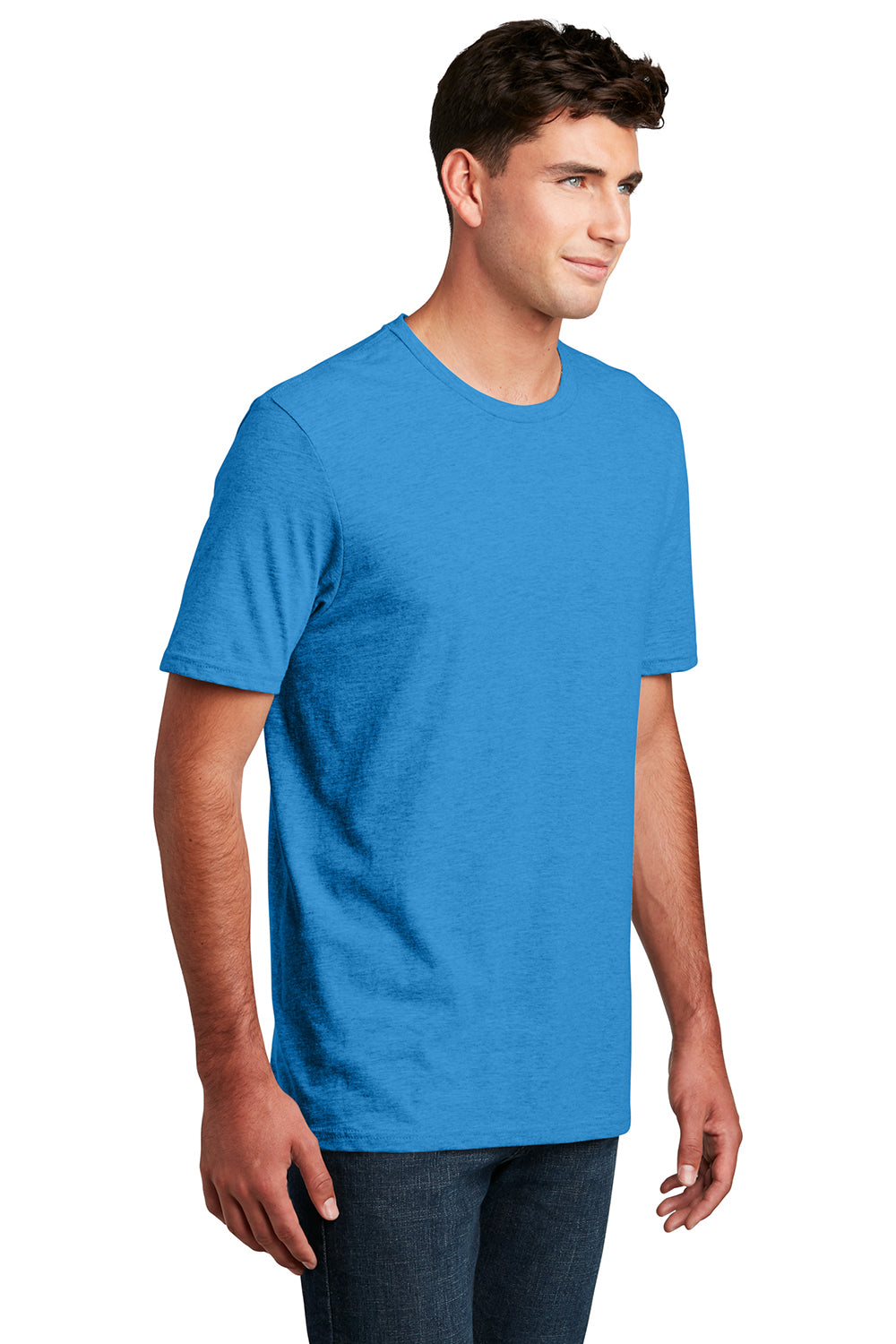 District DM108 Mens Perfect Blend Short Sleeve Crewneck T-Shirt Heather Bright Turquoise Blue Model 3q