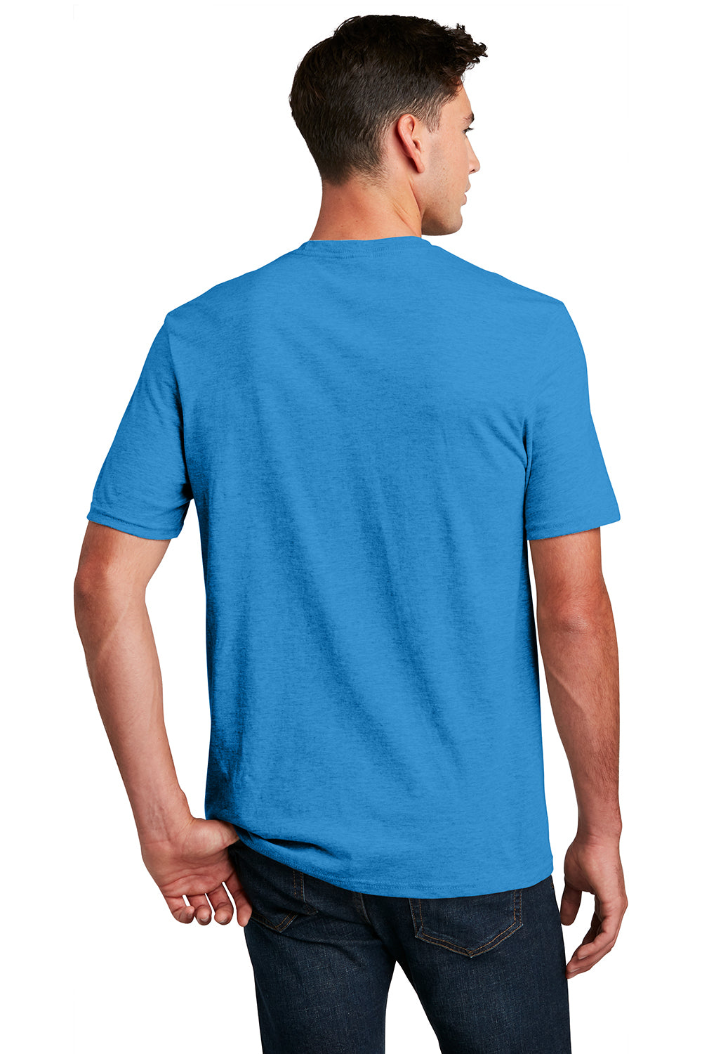 District DM108 Mens Perfect Blend Short Sleeve Crewneck T-Shirt Heather Bright Turquoise Blue Model Back