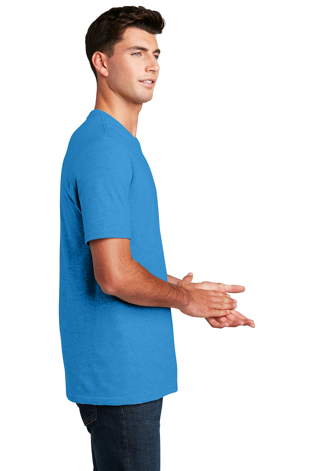 District DM108 Mens Perfect Blend Short Sleeve Crewneck T-Shirt Heather Bright Turquoise Blue Model Side