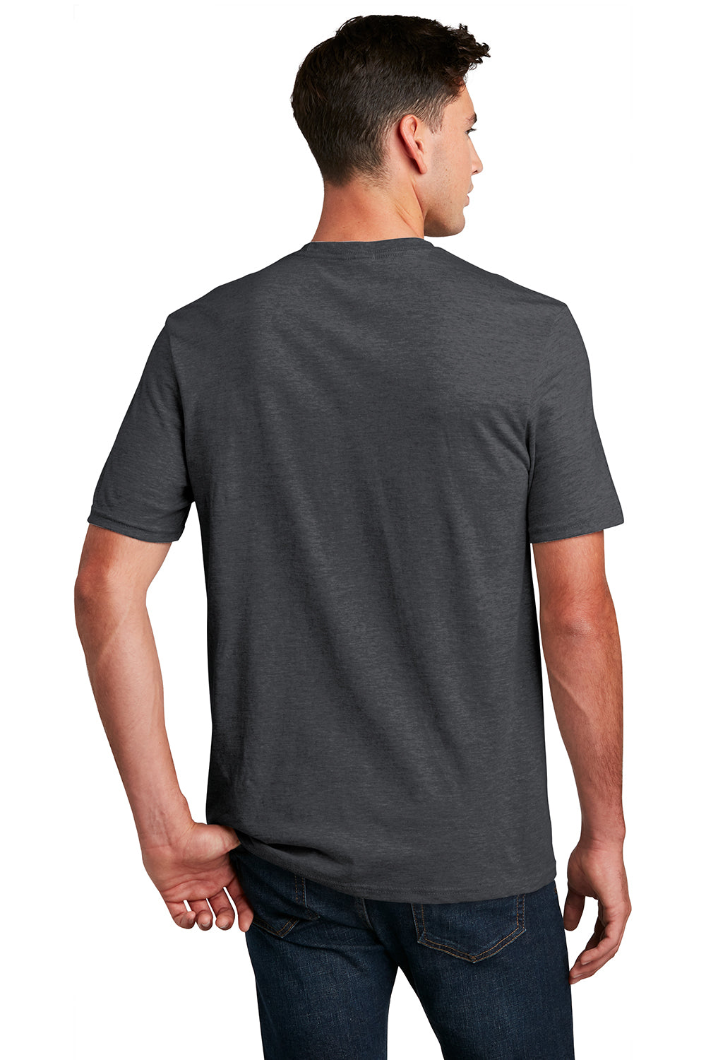 District DM108 Mens Perfect Blend Short Sleeve Crewneck T-Shirt Heather Charcoal Grey Model Back