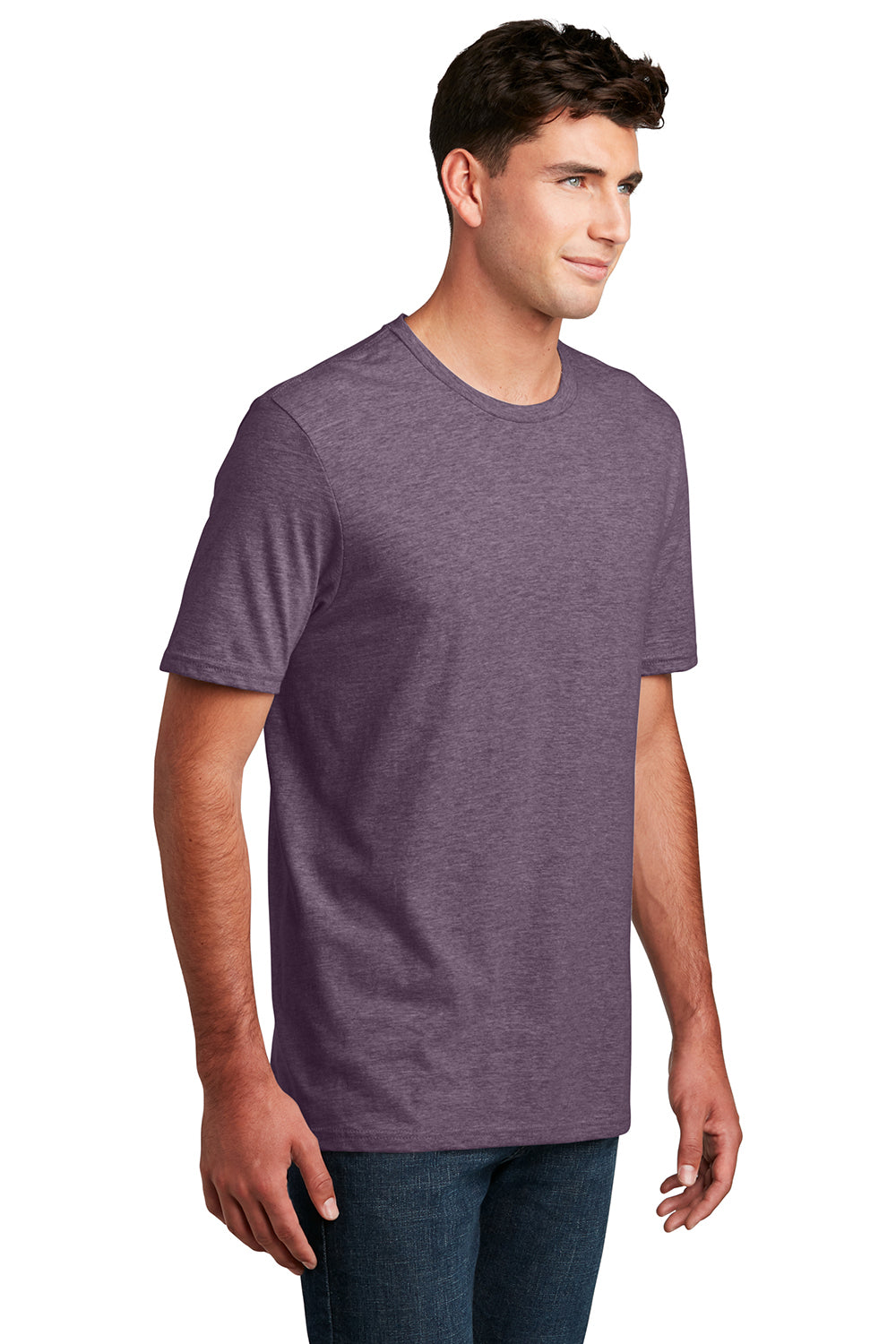 District DM108 Mens Perfect Blend Short Sleeve Crewneck T-Shirt Heather Eggplant Purple Model 3q