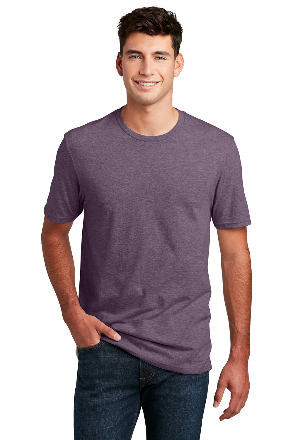 District DM108 Mens Perfect Blend Short Sleeve Crewneck T-Shirt Heather Eggplant Purple Model Front