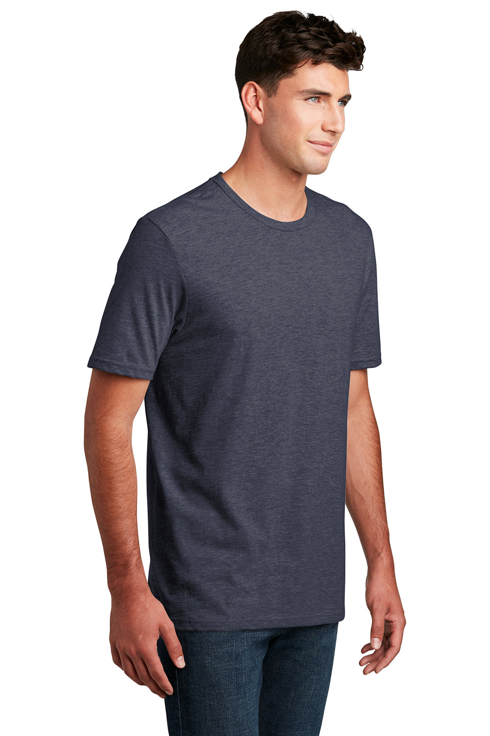 District DM108 Mens Perfect Blend Short Sleeve Crewneck T-Shirt Heather Navy Blue Model 3q