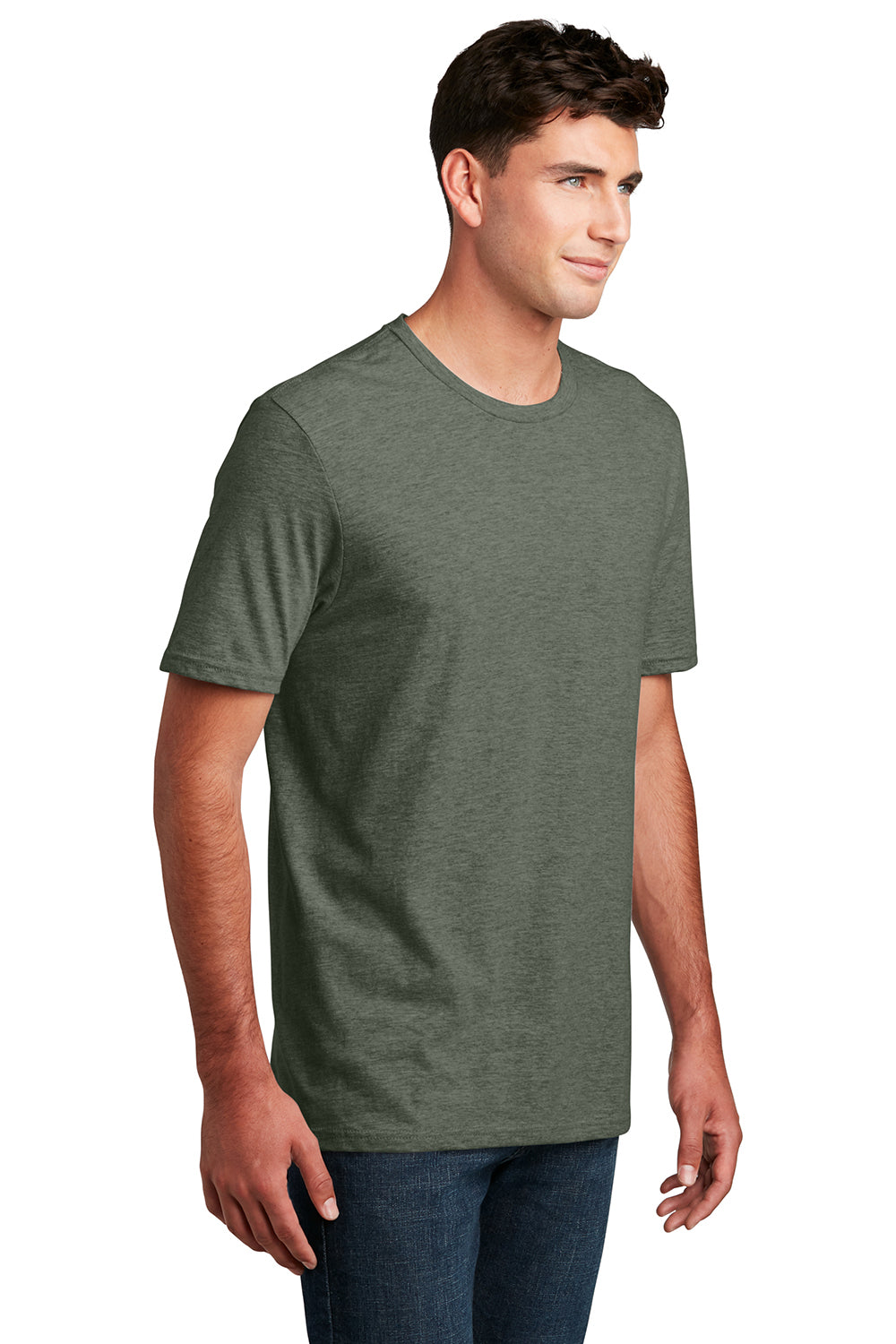 District DM108 Mens Perfect Blend Short Sleeve Crewneck T-Shirt Heather Olive Green Model 3q