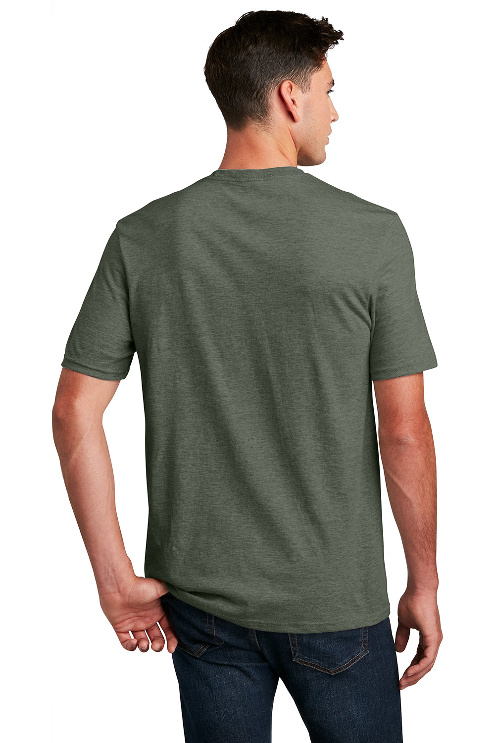 District DM108 Mens Perfect Blend Short Sleeve Crewneck T-Shirt Heather Olive Green Model Back