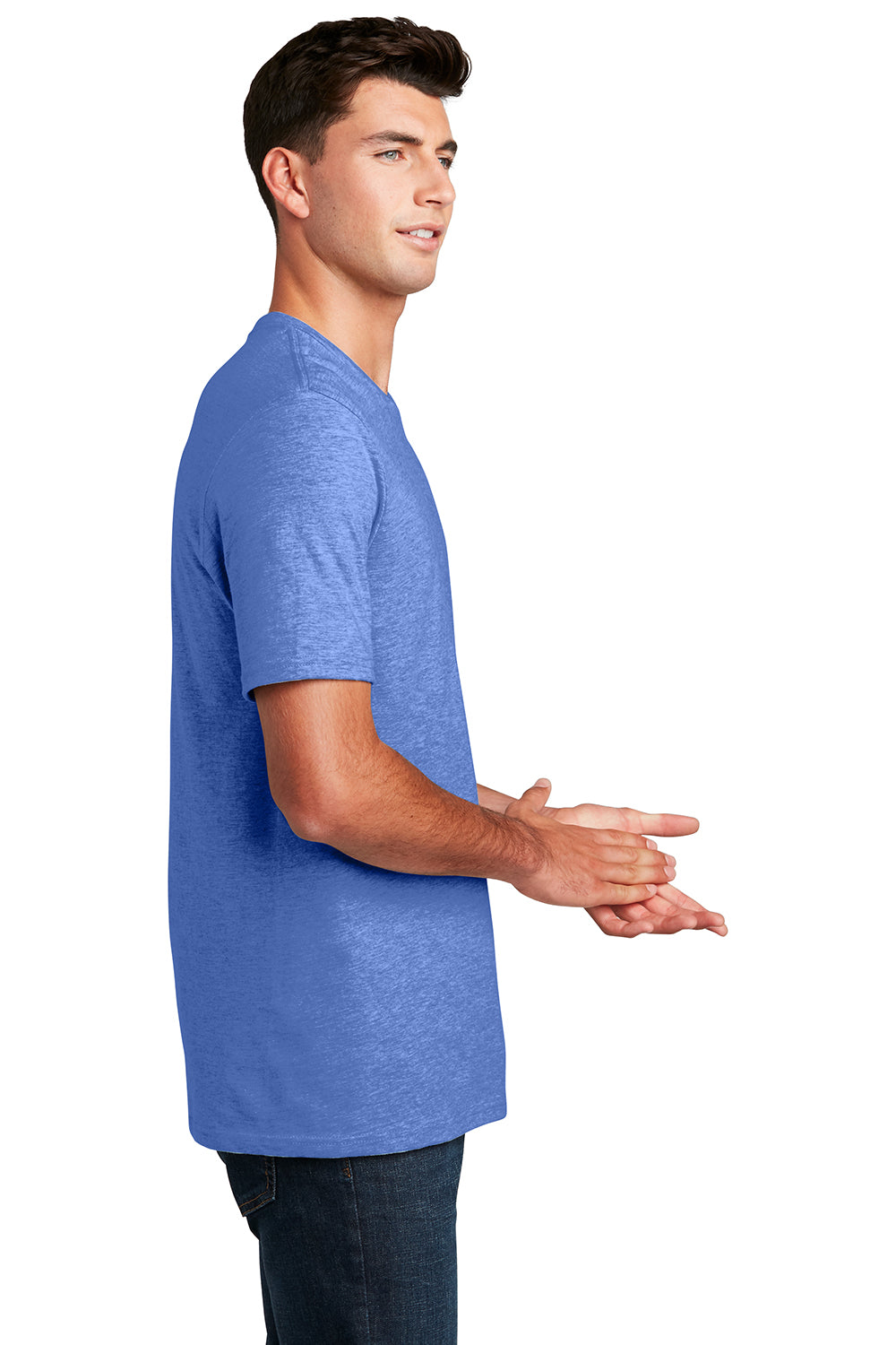 District DM108 Mens Perfect Blend Short Sleeve Crewneck T-Shirt Heather Royal Blue Model Side