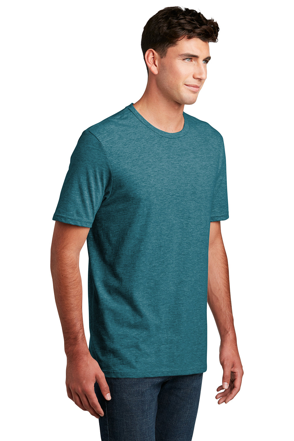 District DM108 Mens Perfect Blend Short Sleeve Crewneck T-Shirt Heather Teal Green Model 3q