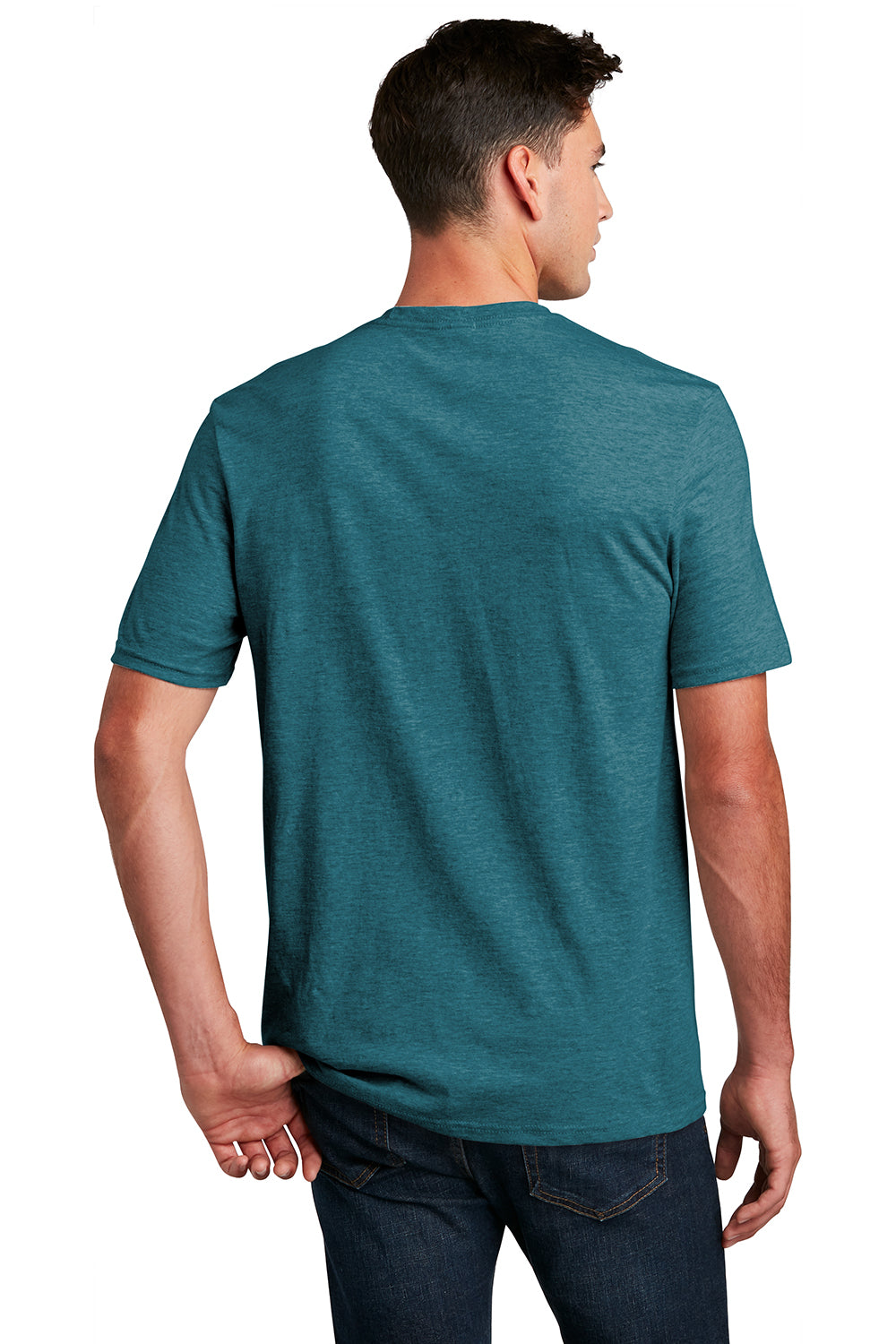 District DM108 Mens Perfect Blend Short Sleeve Crewneck T-Shirt Heather Teal Green Model Back