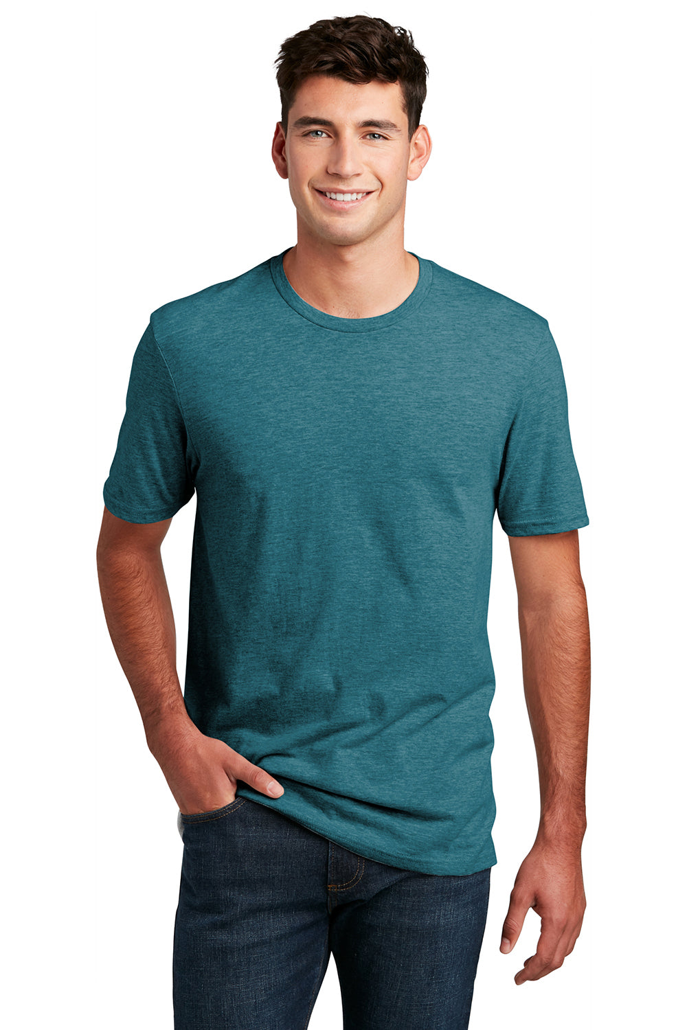 District DM108 Mens Perfect Blend Short Sleeve Crewneck T-Shirt Heather Teal Green Model Front