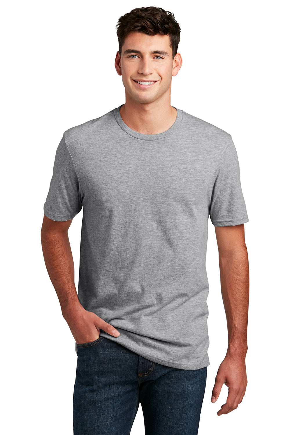 District DM108 Mens Perfect Blend Short Sleeve Crewneck T-Shirt Heather Light Grey Model Front