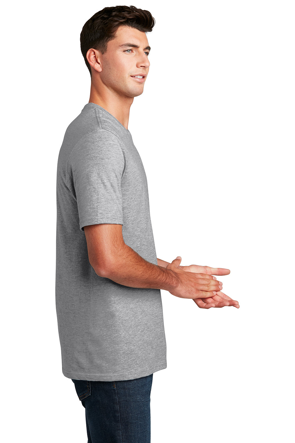 District DM108 Mens Perfect Blend Short Sleeve Crewneck T-Shirt Heather Light Grey Model Side