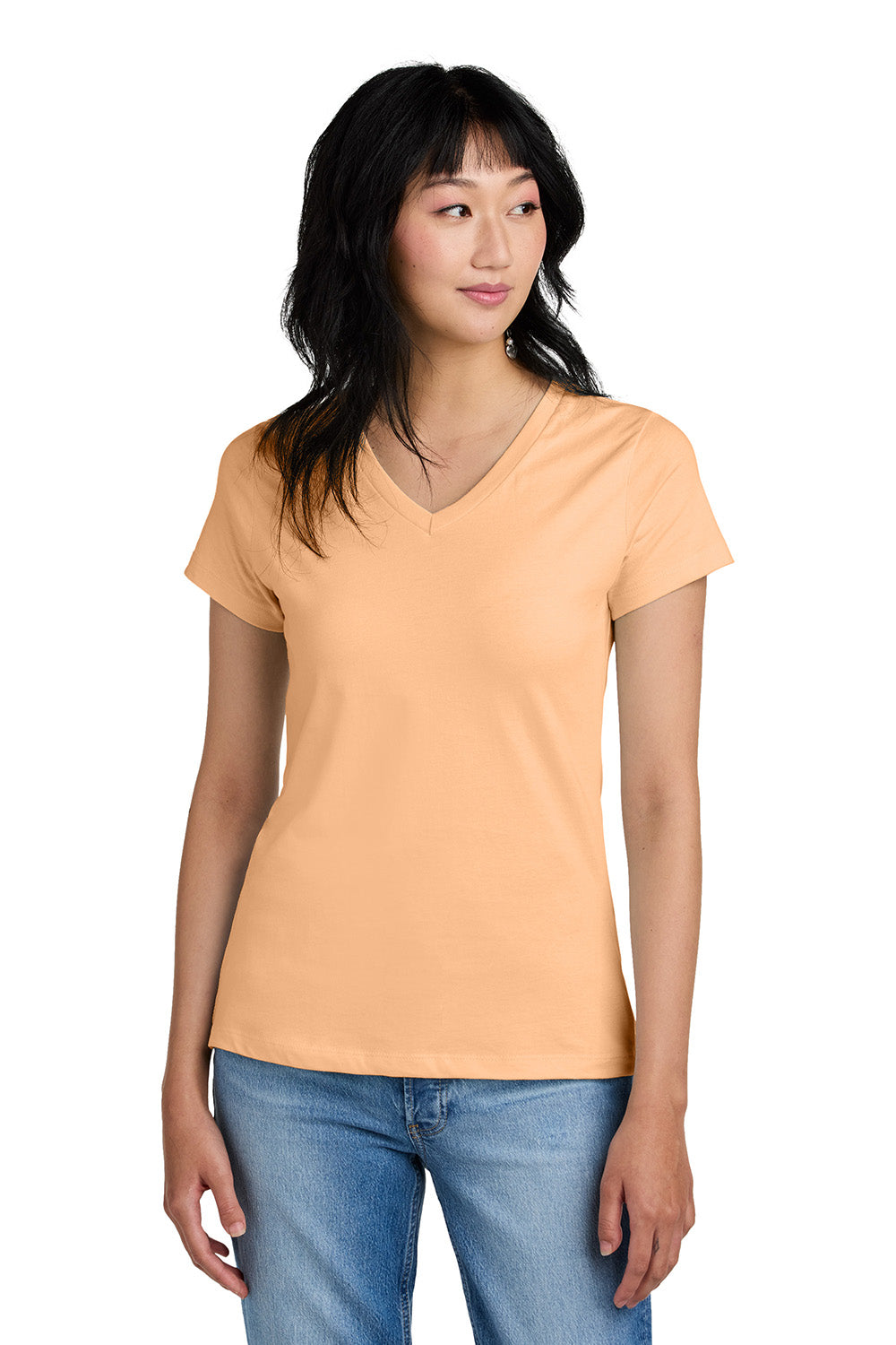 District DM1170L Womens Perfect Weight Short Sleeve V-Neck T-Shirt Apricot Orange Model Front