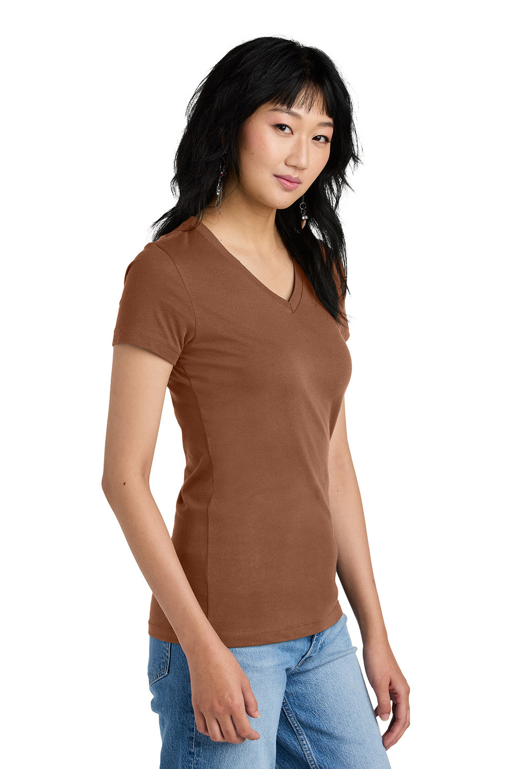 District DM1170L Womens Perfect Weight Short Sleeve V-Neck T-Shirt Baked Clay Brown Model Side