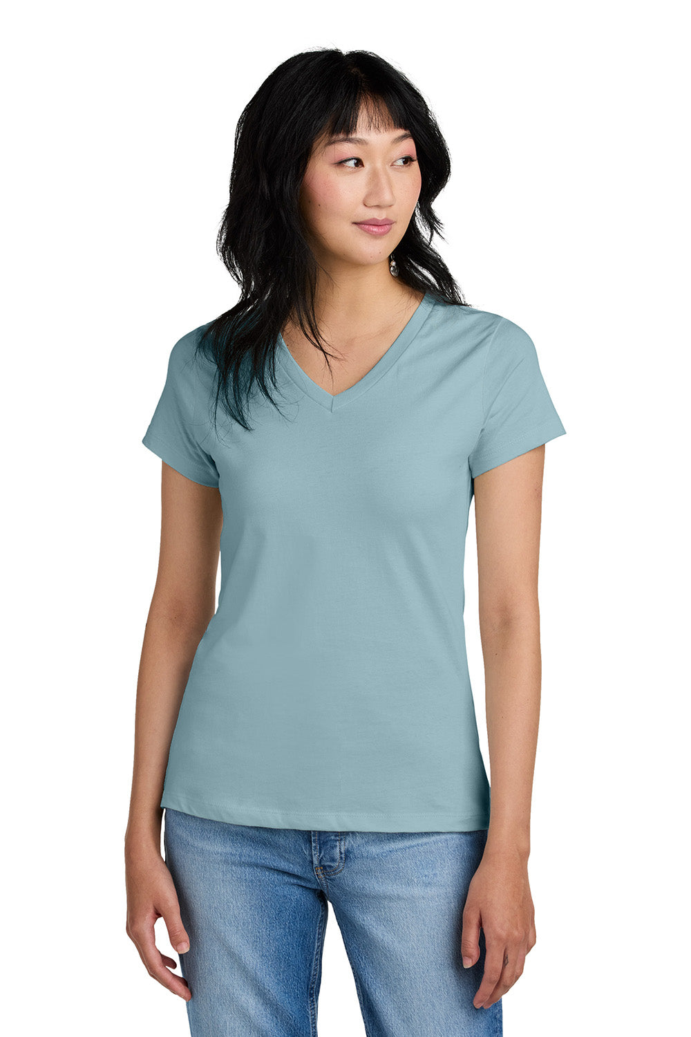 District DM1170L Womens Perfect Weight Short Sleeve V-Neck T-Shirt Fog Blue Model Front