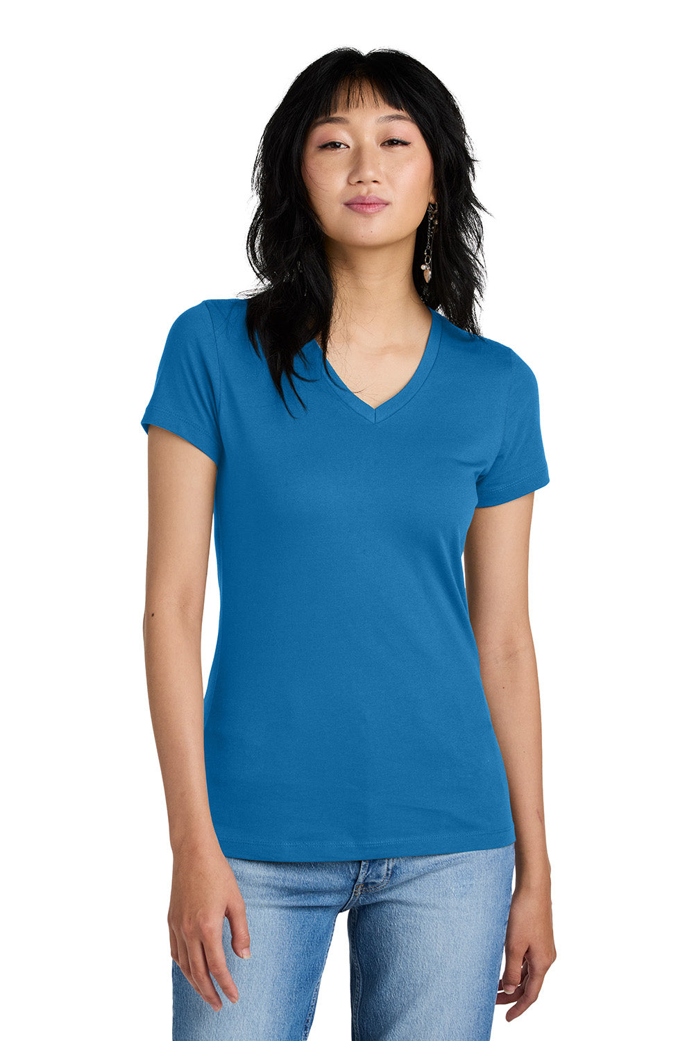 District DM1170L Womens Perfect Weight Short Sleeve V-Neck T-Shirt Bright Blue Model Front