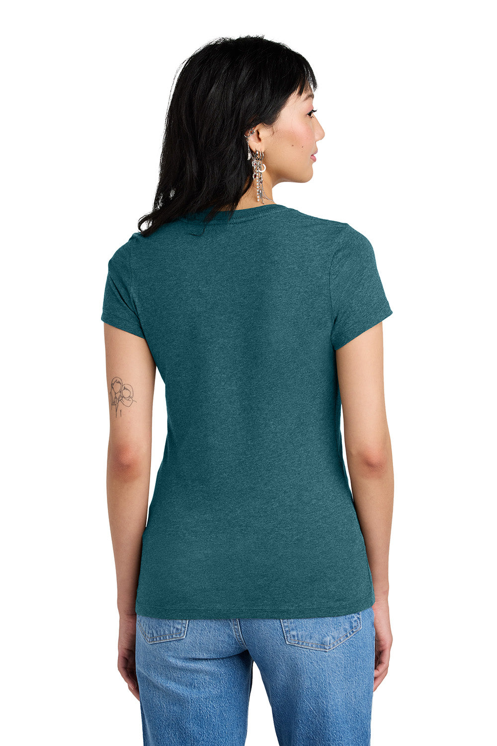 District DM1170L Womens Perfect Weight Short Sleeve V-Neck T-Shirt Heather Caribbean Blue Model Back