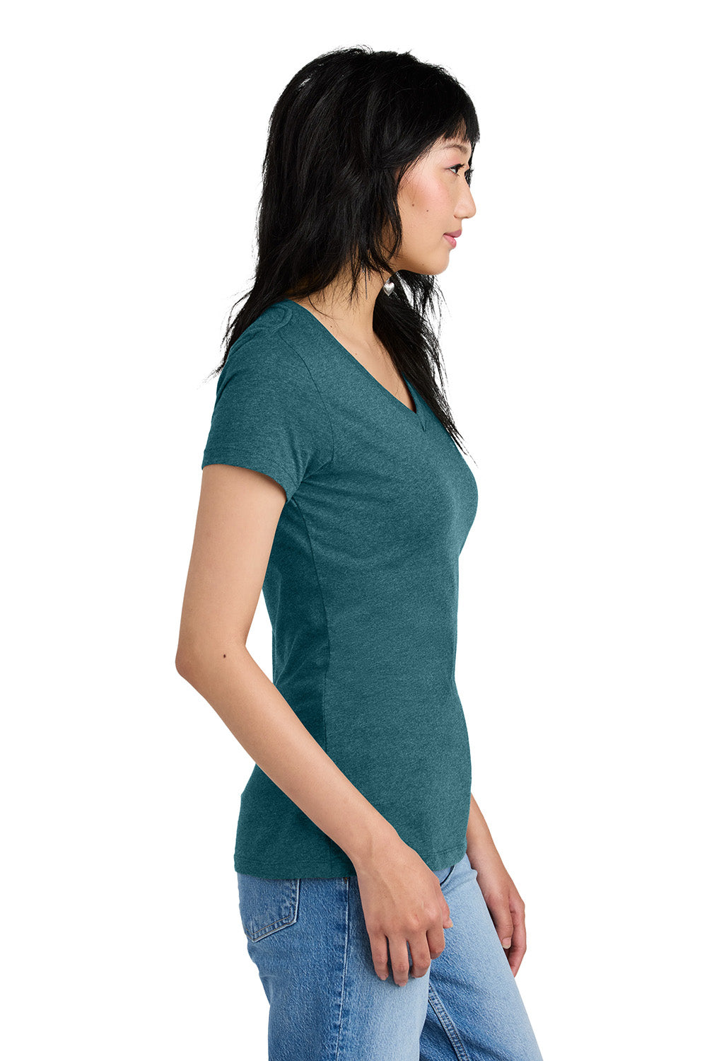 District DM1170L Womens Perfect Weight Short Sleeve V-Neck T-Shirt Heather Caribbean Blue Model Side