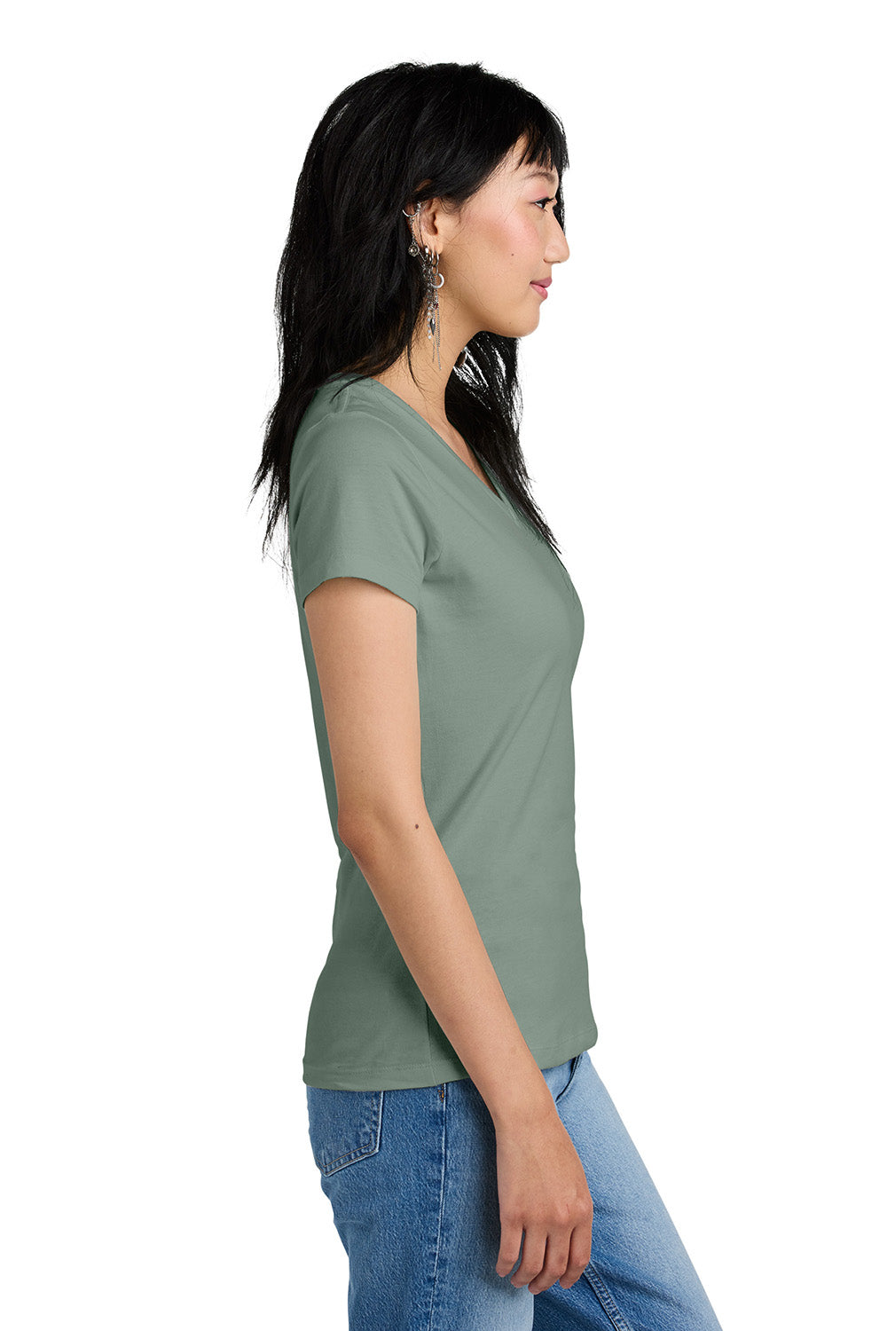 District DM1170L Womens Perfect Weight Short Sleeve V-Neck T-Shirt Laurel Green Model Side