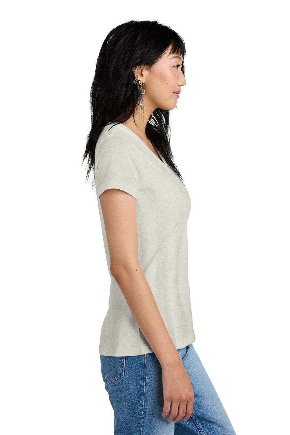 District DM1170L Womens Perfect Weight Short Sleeve V-Neck T-Shirt Heather Oatmeal Model Side