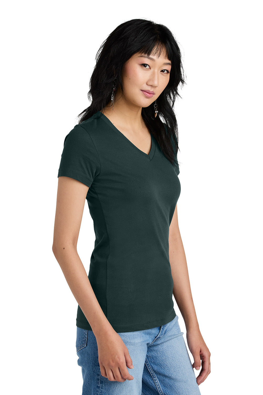 District DM1170L Womens Perfect Weight Short Sleeve V-Neck T-Shirt Rainforest Green Model Side