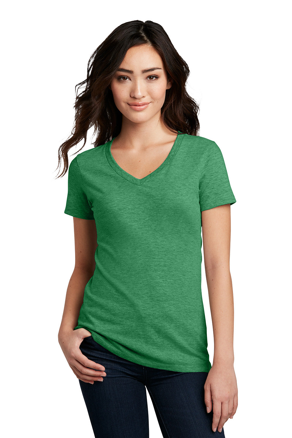 District DM1190L Womens Perfect Blend Short Sleeve V-Neck T-Shirt Heather Kelly Green Model Front