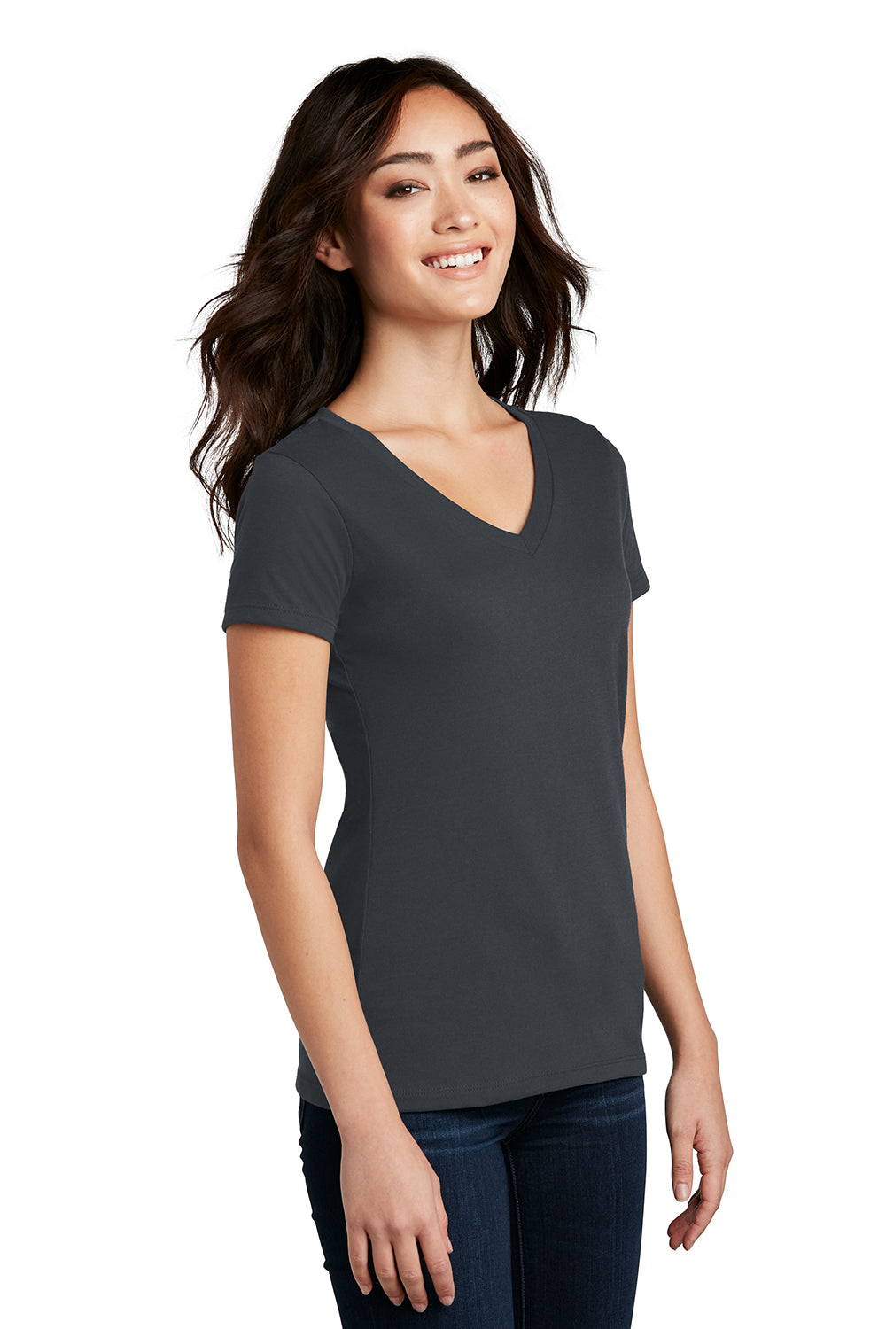 District DM1190L Womens Perfect Blend Short Sleeve V-Neck T-Shirt Charcoal Grey Model 3q