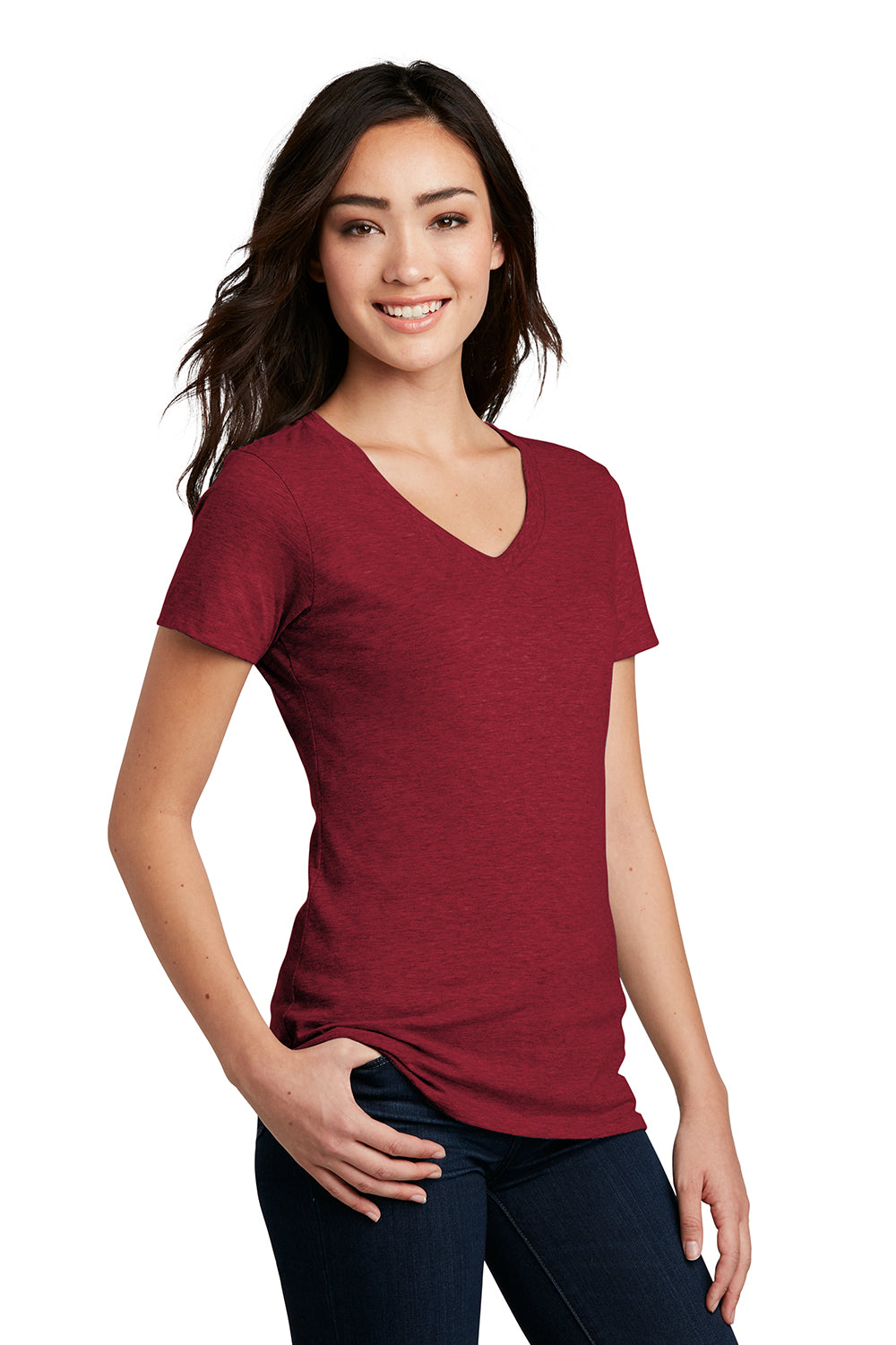 District DM1190L Womens Perfect Blend Short Sleeve V-Neck T-Shirt Red Fleck Model 3q