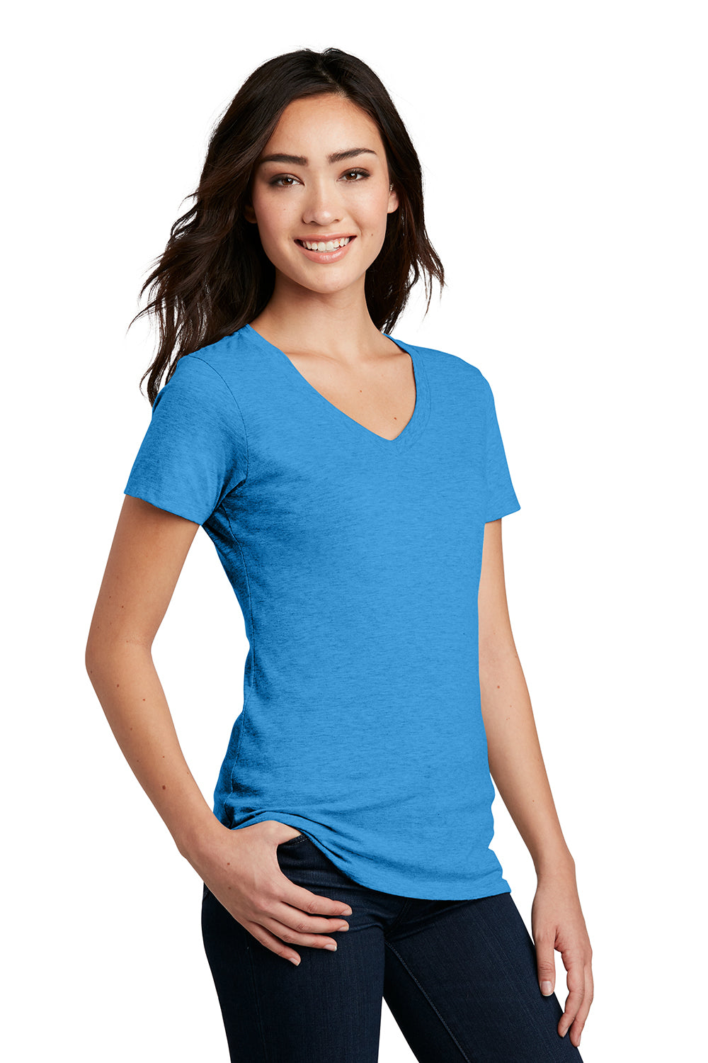 District DM1190L Womens Perfect Blend Short Sleeve V-Neck T-Shirt Heather Bright Turquoise Blue Model 3q