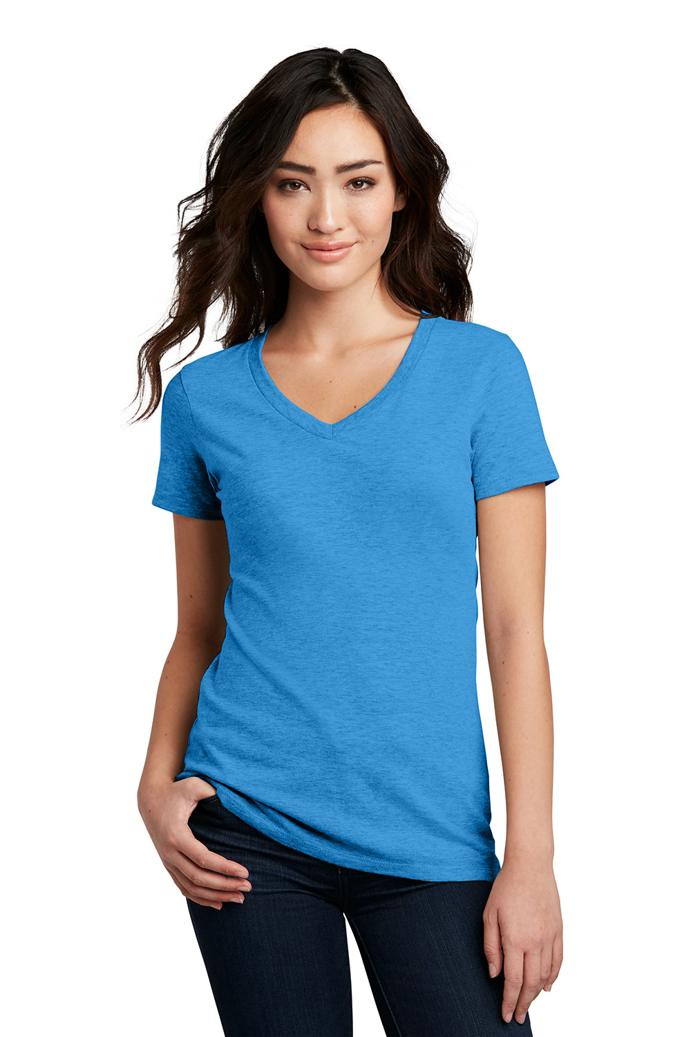 District DM1190L Womens Perfect Blend Short Sleeve V-Neck T-Shirt Heather Bright Turquoise Blue Model Front