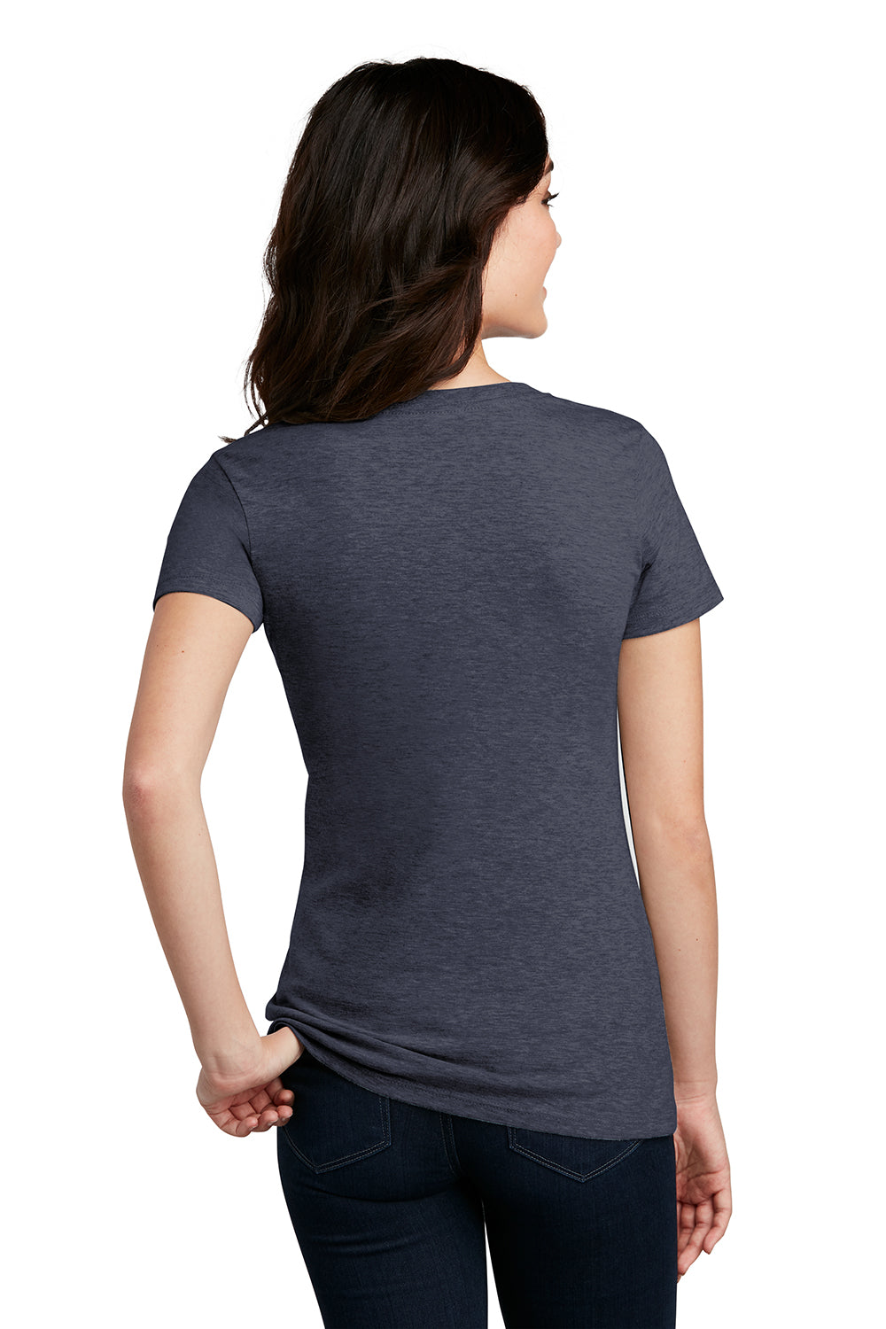 District DM1190L Womens Perfect Blend Short Sleeve V-Neck T-Shirt Heather Navy Blue Model Back