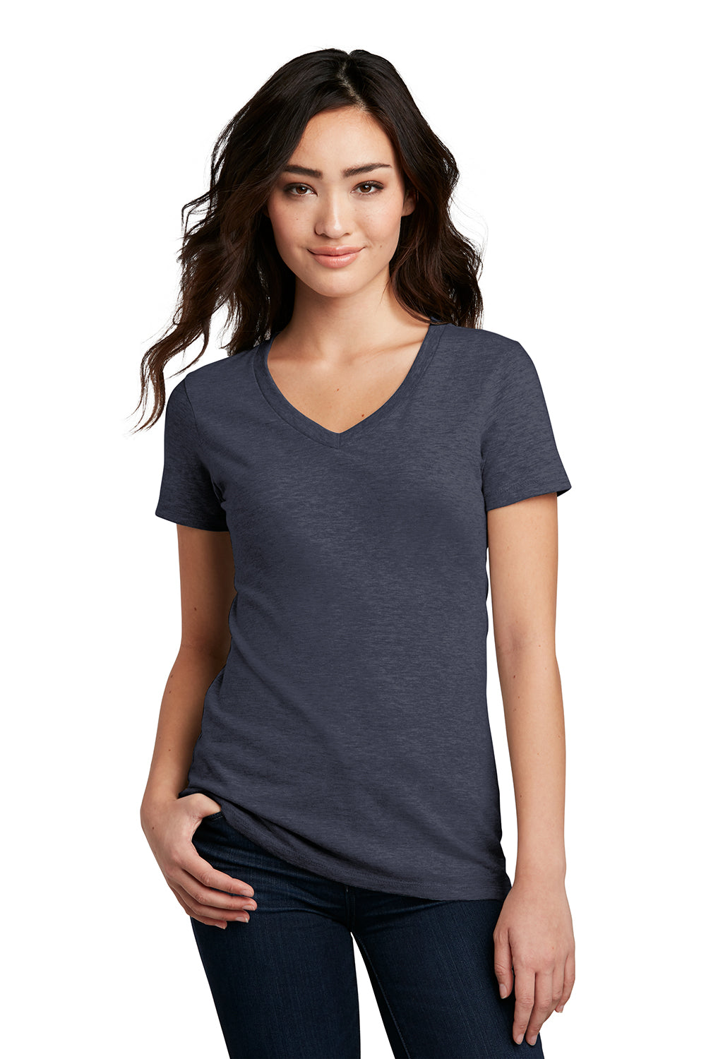 District DM1190L Womens Perfect Blend Short Sleeve V-Neck T-Shirt Heather Navy Blue Model Front