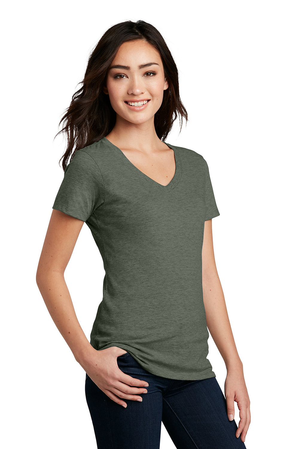 District DM1190L Womens Perfect Blend Short Sleeve V-Neck T-Shirt Heather Olive Green Model 3q