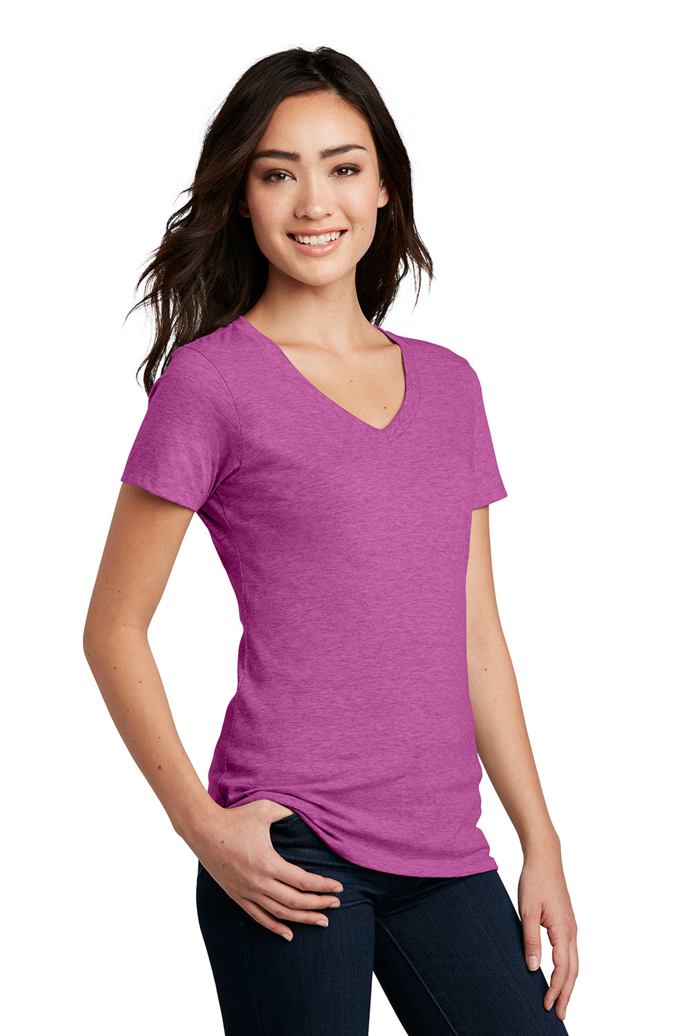 District DM1190L Womens Perfect Blend Short Sleeve V-Neck T-Shirt Heather Raspberry Pink Model 3q