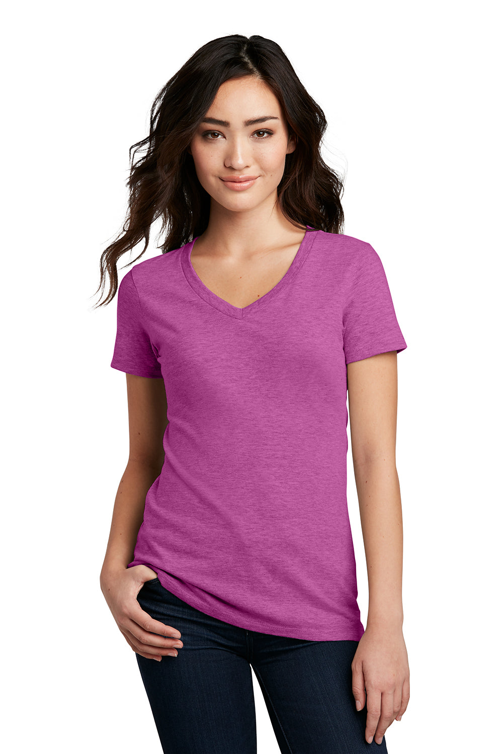 District DM1190L Womens Perfect Blend Short Sleeve V-Neck T-Shirt Heather Raspberry Pink Model Front