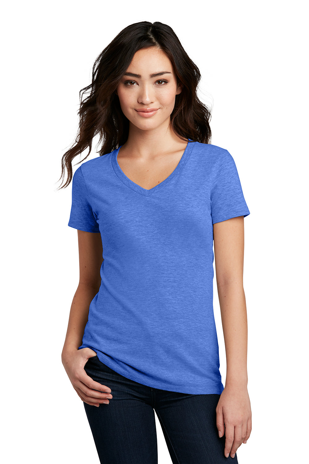 District DM1190L Womens Perfect Blend Short Sleeve V-Neck T-Shirt Heather Royal Blue Model Front