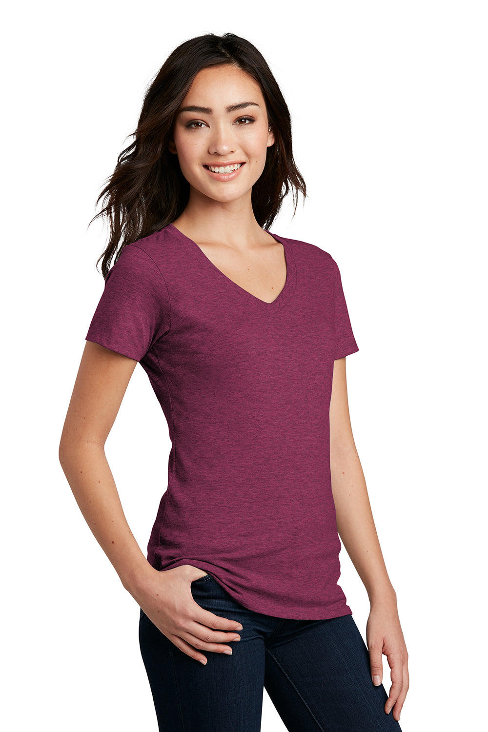 District DM1190L Womens Perfect Blend Short Sleeve V-Neck T-Shirt Raspberry Fleck Model 3q